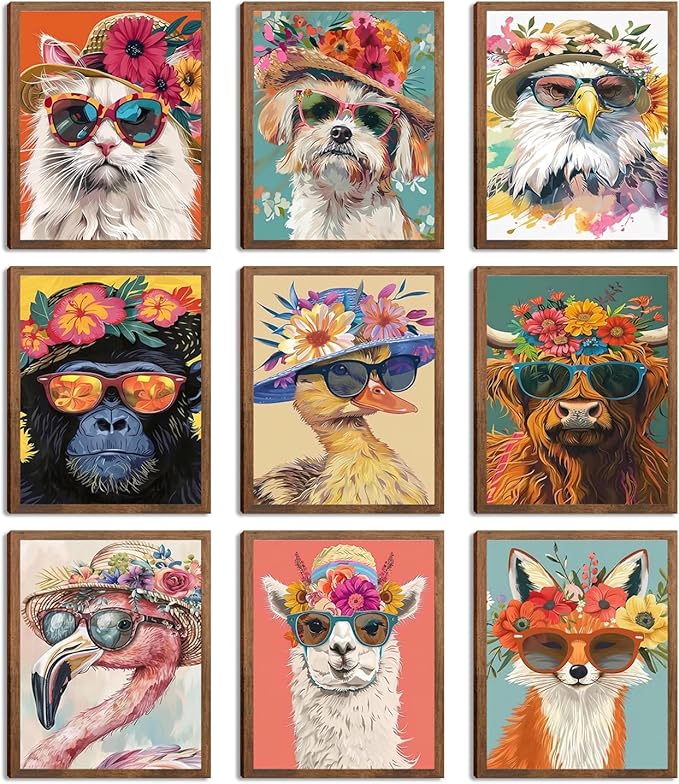Funny Animal Nursery Wall Art Set of 9, Cute Colorful Animal Posters Painting Wall Decoration, Preppy Canvas Print Artwork for Kids Room Bedroom Playroom baby room Home Decor 8x10in Unframed