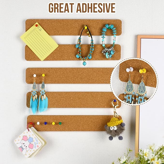6 Pack Corkboard Strips for Walls, Self Adhesive Thick Cork Board Strips, Peel and Stick Cork Board with 50 Push Pins for Paste Notes, Photos, Schedules