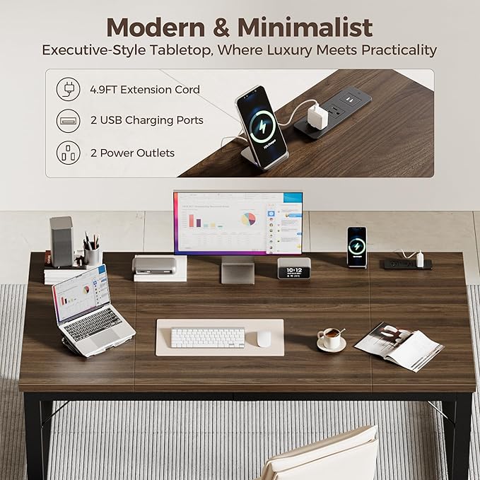 Mericonia 63 Inch Large Computer Desk with Power Outlets, 1.2" Thick Heavy Duty Industrial Office Desk, Modern Simple Study Writing Table for Home Office Bedroom Workstation, Walnut