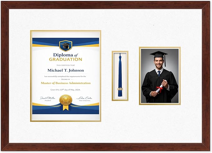 Diploma Tassel and Photo Frame Rustic Walnut Shadowbox Oyster Shell Over Gold Mat - Fits 8.5 x 11 Degree Picture Made in the USA