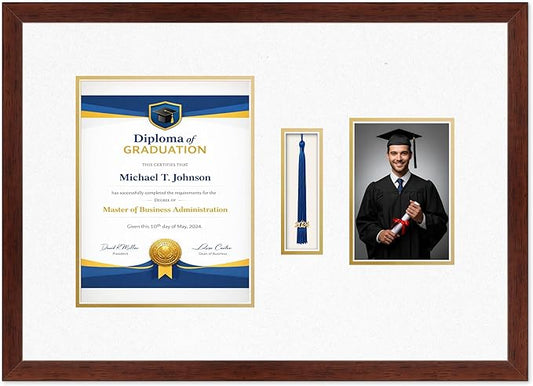 Diploma Tassel and Photo Frame Rustic Walnut Shadowbox Oyster Shell Over Gold Mat - Fits 8.5 x 11 Degree Picture Made in the USA