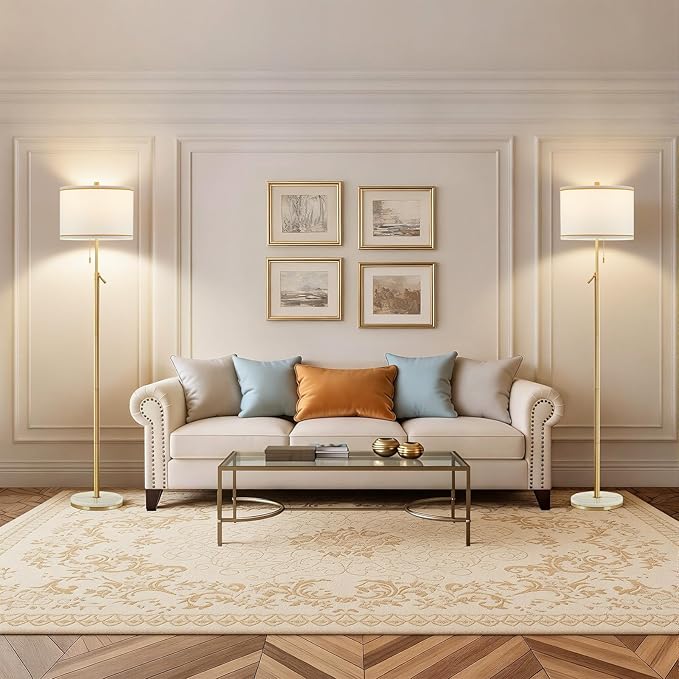 GyroVu Marble Floor Lamp for Living Room, Adjustable Height Standing Lamp with Marble Base Tall Lamp with White Shade Floor Lamps for Bedroom & Office Bulbs Not Included(Gold)