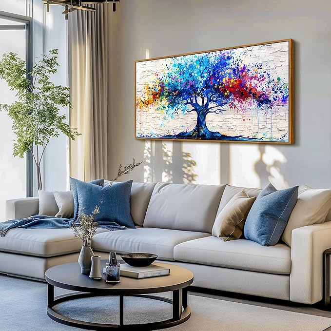 SERIMINO Tree of Life Large Framed Wall Art Prints, Colorful Tree Abstract Graffiti Canvas Painting, Nature Plant Fantasy Artwork for Walls, Modern Wall Decor Living Room Bedroom Home Office 29"X57"