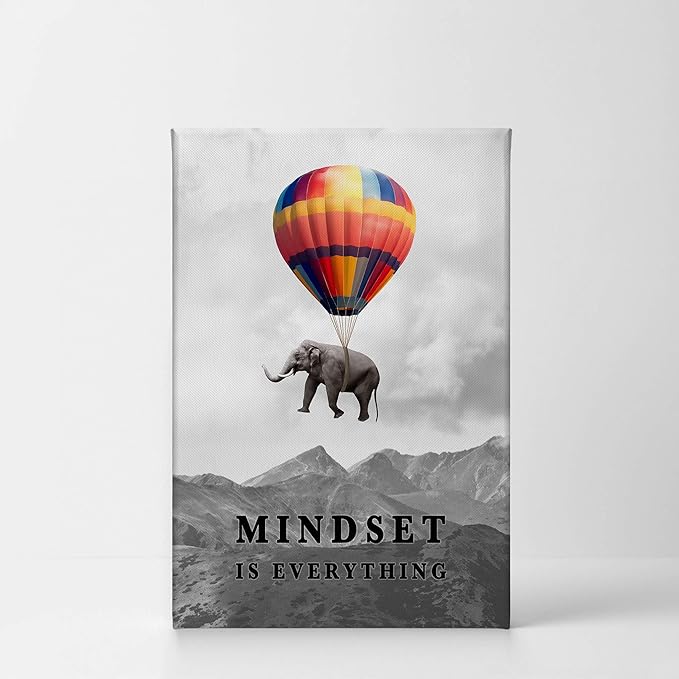 Smile Art Design Mindset is Everything Colorful Elephant Black and White View Motivational Wall Art Canvas Print Inspirational Entrepreneur Quote Office Living Room Decor Gift Ready to Hang 36x24