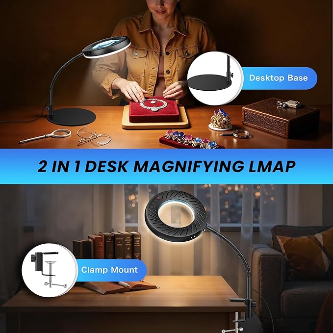 12X Magnifying Glass with Light and Stand, 144 LEDs Flexible Desktop Magnifying Lamp, 5 Color Modes 9 Dimmable Brightness, Metal Desk Magnifier Lamp for Craft Reading Painting Hobby Close Work