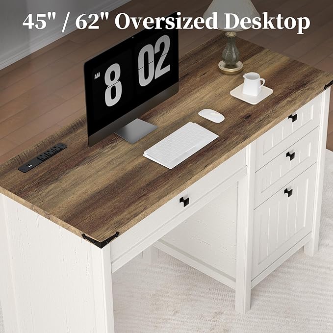 Executive Desk, Farmhouse Computer Desk with Drawers & Cabinet, Home Office Desk for Work Study Writing Workspace (Antique White, 45")