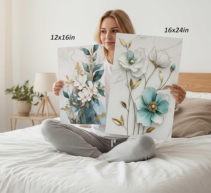 3Pcs White Gold Flower Canvas Wall Art Modern Luxury Blue White Gold Abstract Marble Floral Botanical Painting Picture Wall Decor Poster Print Artwork for Living Room Bedroom Home Decoration Unframed