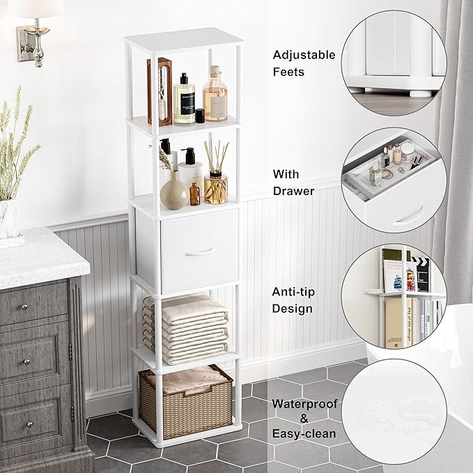 6-Tier Bookshelf Organizer, Narrow Bookcase,Tall Skinny Bookshelves, Standing Ladder Shelf with Drawer, Small Book Shelf with Storage for Living Room, Bedroom, Office, Study White HBC505W