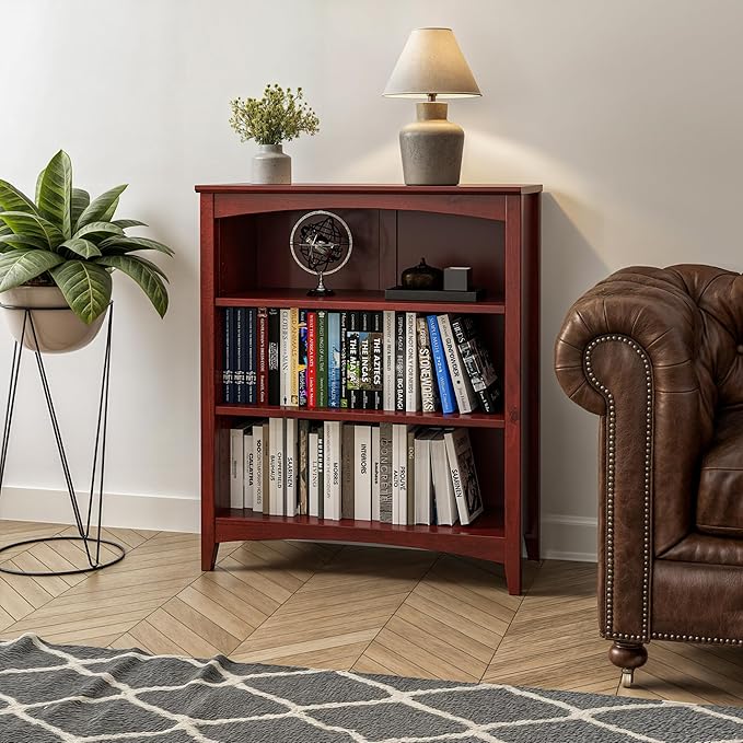 Camaflexi Shaker Style 3 Shelf Bookcase/Solid Wood / 36" High/Adjustable Shelving/Closed Back/Display Bookshelf for Living Room, Bedroom, Home and Office, Red Garnet Stain