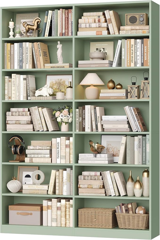 FACBOTALL 83.6" Tall Bookshelf and Bookcase, 7-Tier Extra Large Bookshelf with Double Storage, 14 Open Display Shelves for Home Office, Study and Living Room, Green