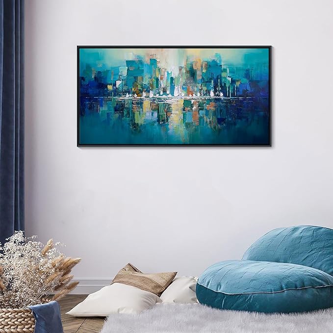 Large Framed Abstract Wall Art for Living Room - Teal and White Modern Cityscape Painting, Contemporary Canvas Wall Decor for Office, Bedroom, Ready to Hang Size 20×40 Inch