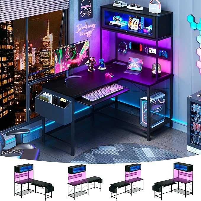 L Shaped Gaming Desk with Power Outlets & LED Lights, 39'' Small Reversible Computer Desk with Hutch & Pegboard & Display Cabinet, Corner Home Office Desk with Keyboard Tray & Storage Bag, Black