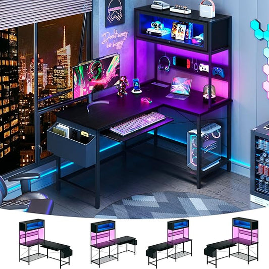 L Shaped Gaming Desk with Power Outlets & LED Lights, 39'' Small Reversible Computer Desk with Hutch & Pegboard & Display Cabinet, Corner Home Office Desk with Keyboard Tray & Storage Bag, Black