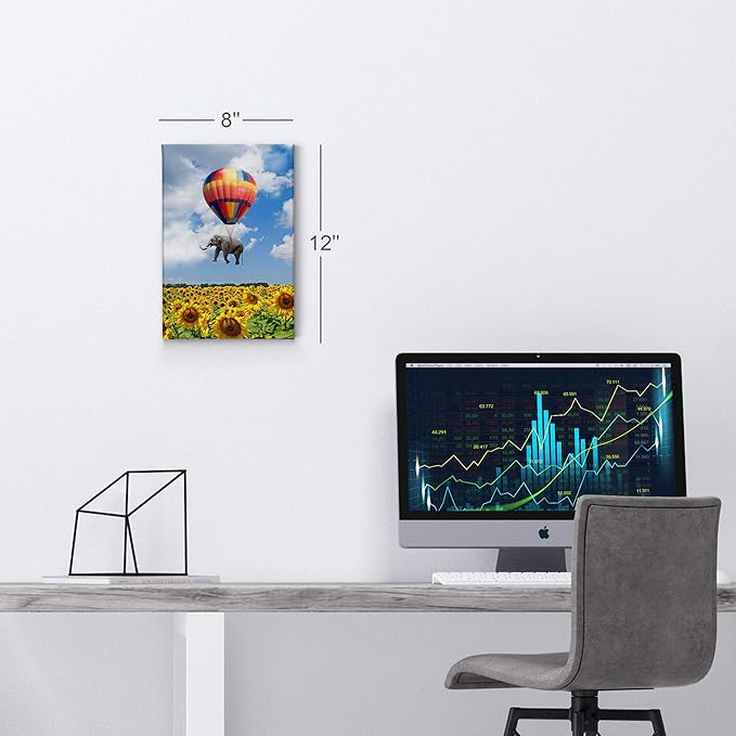 Smile Art Design Elephant with Balloon and Sunflower Field Motivational Wall Art Canvas Print Inspirational Wall Art Entrepreneur Quote Office Living Room Decor Artwork Gift Ready to Hang 22x15