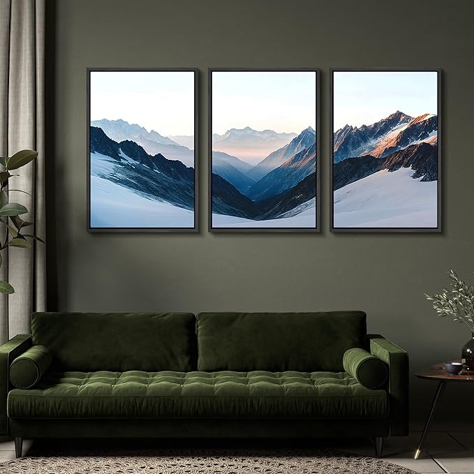 SIGNFORD Framed Wall Art Print Set Snowy Mountain Valley Majestic Winter Alpine Scene Digital Art Modern Art Contemporary for Living Room, Bedroom, Office - 16"x24"x3 Black