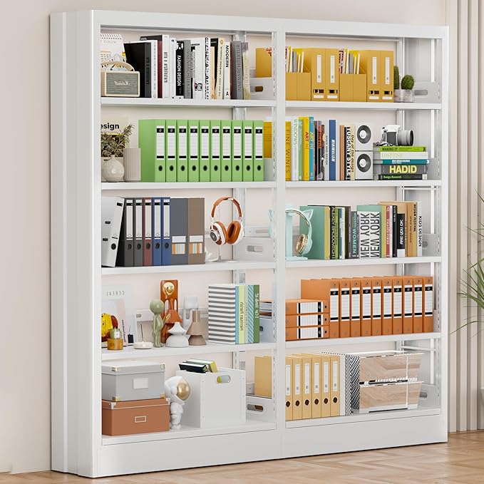 70.9" H Metal Bookshelf, Adjustable Bookcase, 5-Tier Heavy Duty Bookshelf with Bookend, Tall Bookshelves, Bookcase Shelf for Living Room, Office, Library,Classroom (White-72.8W)