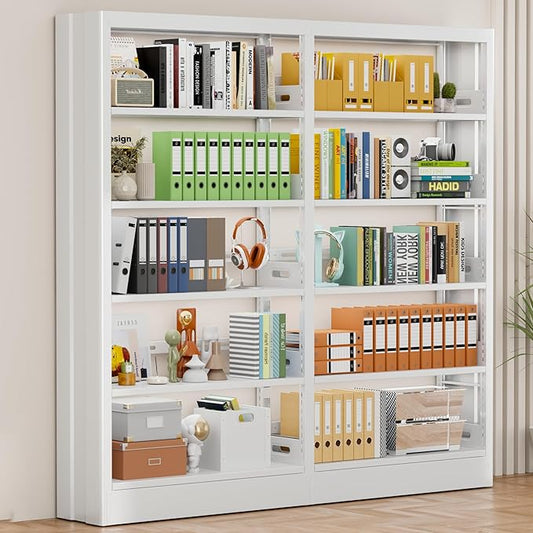 70.9" H Metal Bookshelf, Adjustable Bookcase, 5-Tier Heavy Duty Bookshelf with Bookend, Tall Bookshelves, Bookcase Shelf for Living Room, Office, Library,Classroom (White-72.8W)