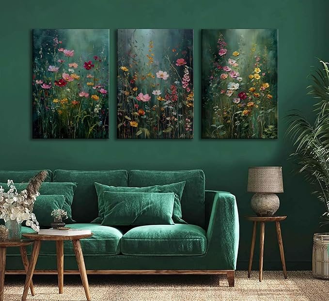 3Pcs Dark Green Floral Canvas Wall Art Moody Wildflowers Poster Prints Vintage Nature Rustic Botanical Flowers Pictures for Bedroom Living Room Office Bathroom Wall Decor 12x16in Framed