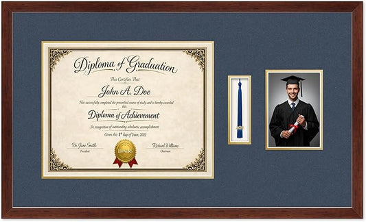 Diploma Tassel and Photo Frame Rustic Walnut Shadowbox Navy Blue Over Gold Mat - Fits 15 x 12 Degree Picture Made in the USA