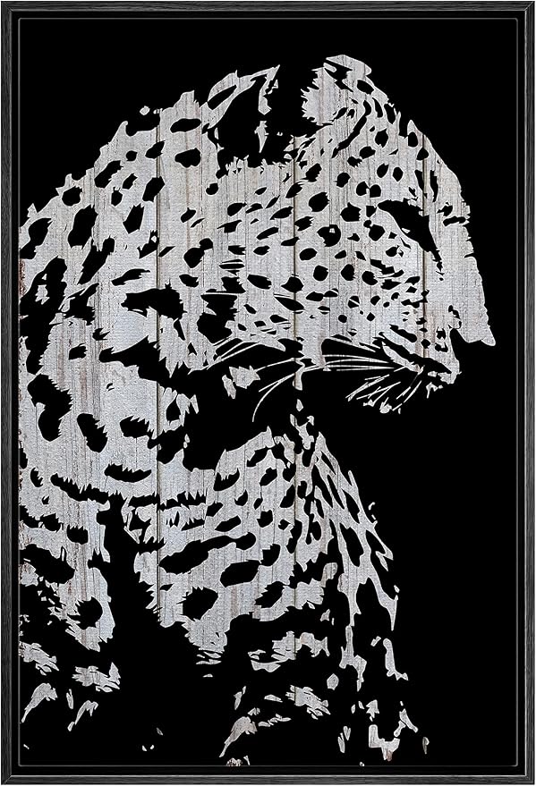 IDEA4WALL Framed Canvas Print Wall Art Grayscale Spotted Leopard Profile on Wood Panels Animals WildLife Illustrations Modern Art Tropical Portrait for Living Room, Bedroom, Office - 16"x24" BLACK
