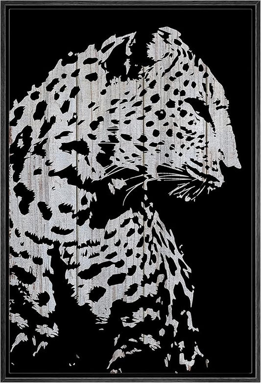 IDEA4WALL Framed Canvas Print Wall Art Grayscale Spotted Leopard Profile on Wood Panels Animals WildLife Illustrations Modern Art Tropical Portrait for Living Room, Bedroom, Office - 24"x36" BLACK