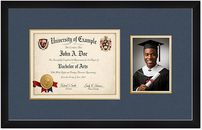 CountryArtHouse Fits 11 x 8.5 US Letter Certificate and 5 x 7 Photo Diploma and Photo Frame Matte Black Genuine Hardwood with Navy Blue Over Metallic Gold Double mat