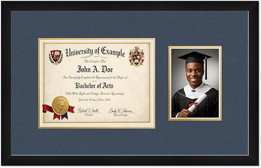 CountryArtHouse Fits 11 x 8.5 US Letter Certificate and 5 x 7 Photo Diploma and Photo Frame Matte Black Genuine Hardwood with Navy Blue Over Metallic Gold Double mat