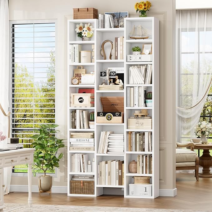 FOTOSOK 71'' White Bookshelf with 21 Cubes, 8 Tier Triple Wide Tall Bookshelf with 8 Adjustable Shelves, 35" Large Bookcase DVD/CD Media Tower Storage, Freestanding Display Shelf Cabinet, White