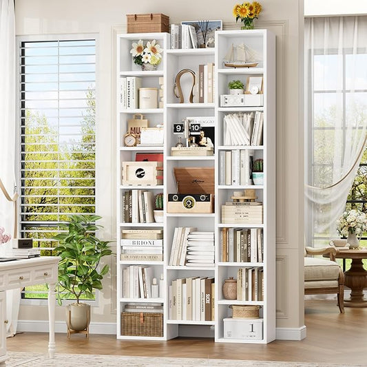 FOTOSOK 71'' White Bookshelf with 21 Cubes, 8 Tier Triple Wide Tall Bookshelf with 8 Adjustable Shelves, 35" Large Bookcase DVD/CD Media Tower Storage, Freestanding Display Shelf Cabinet, White