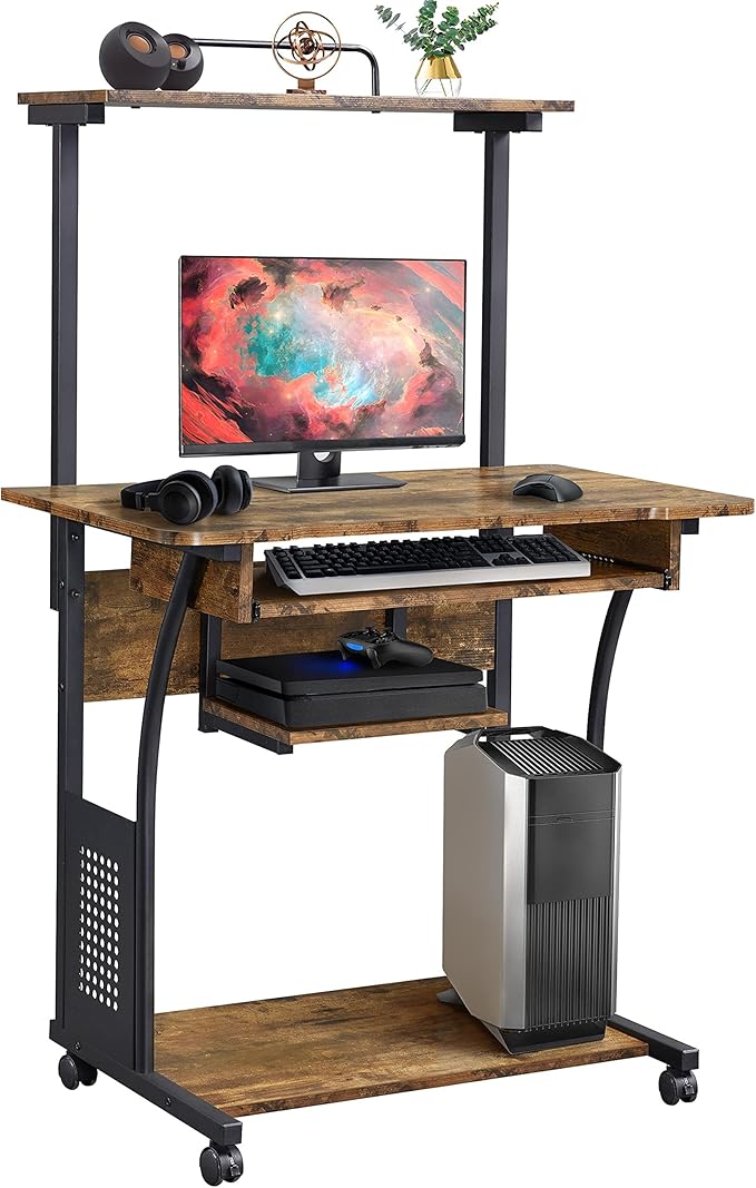 Topeakmart Retro Computer Desk on Wheels Mobile Computer Desk with Printer Shelf and Keyboard Tray, 3 Tiers Home Office Desk with Storage for Small Space, Compact Computer Workstation, Rustic Brown
