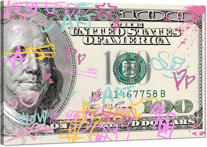 Inspirational Colorful Graffiti 100 Dollar USD Canvas Paintings Wall Art Money Buys Freedom Artwork Wall Pictures Poster and Prints Framed Ready to Hang-24x36 inches