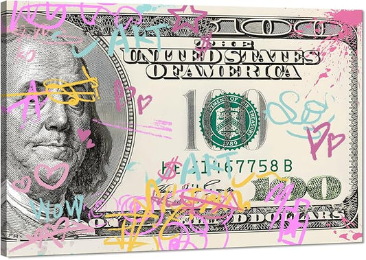 Inspirational Colorful Graffiti 100 Dollar USD Canvas Paintings Wall Art Money Buys Freedom Artwork Wall Pictures Poster and Prints Framed Ready to Hang-24x36 inches