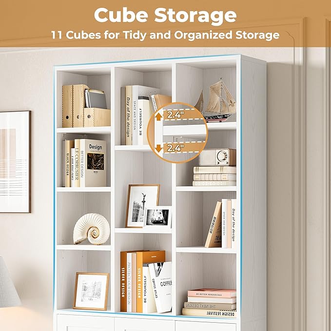 IRONCK 71" Tall Bookshelf and Bookcase with Cabinet and 3 Drawers, 7 Tier Bookshelves with Doors and Open Shelves for Living Room, Home Office, White