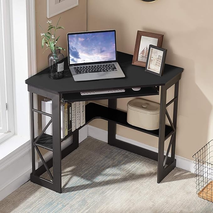 VECELO Corner Computer Desk 41 x 30 inches with Smooth Keyboard & Storage Shelves for Home Office Workstation, Black