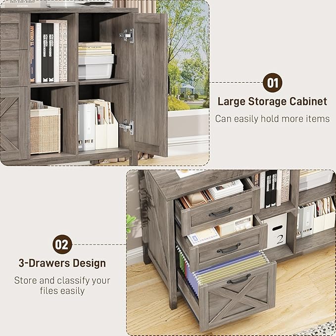 Vabches Lateral File Cabinet, Farmhouse 3 Drawer File Cabinet with Open Storage Shelf for Letter/A4/Legal Size Hanging Files, Large Wood Storage Cabinets Printer Stand for Home Office, Grey