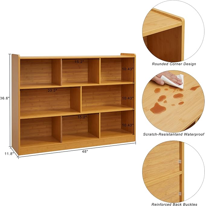 3-Tier Bookshelf, 8-Section Wooden Bookcase, Storage Organizer with Anti-Tilt Device, Modern Storage Display Cabinet for Living Room, Classroom, Kid’s Room (Natural), FJHL-011YE