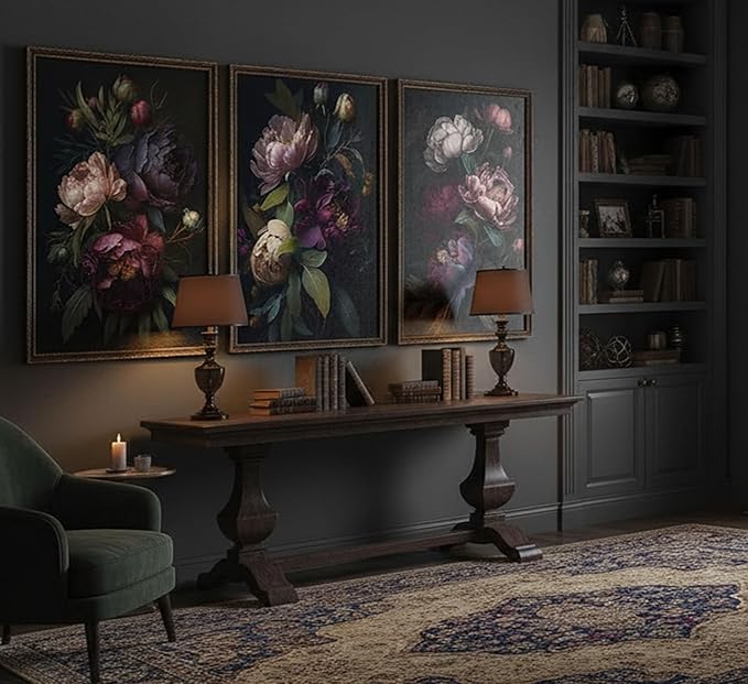 3 Pcs Moody Floral Canvas Wall Art Vintage Dark Peony Flowers Botanical Still Life Painting Picture Wall Decor Poster Print Artwork for Living Room Bedroom Women Room Home Decoration Unframed
