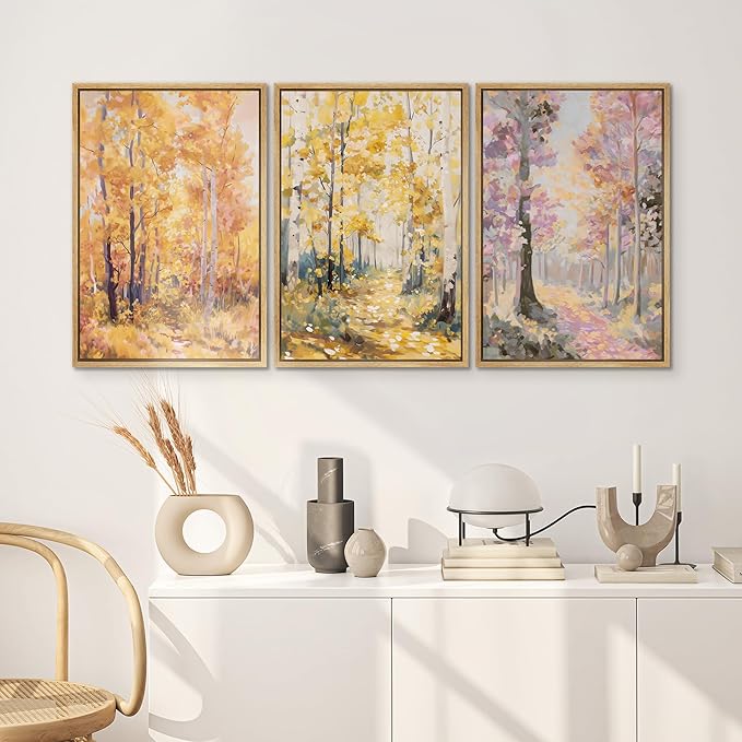SIGNWIN Framed Canvas Print Wall Art Set Golden Autumn Forest Watercolor Woodland Path Illustrations Modern Art Decorative Abstract for Living Room, Bedroom, Office - 24"x36"x3 Natural