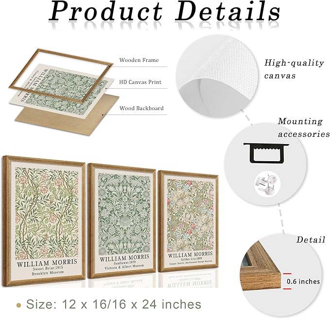SYWENNOI 3 Pieces William Morris Textured Canvas Wall Art, Pink Beige and Sage Green Neutral Botanical Designs Wall Decor, Vintage Floral Art Prints for Living Room Bedroom Offices 16x24 Wood Frames