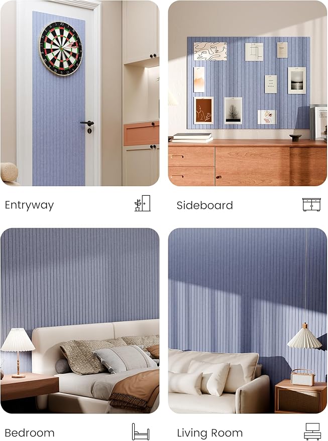Bumusty Large Cork Board Alternative-48 x 36" Felt Bulletin Board Tiles, with 30 Pushpins, 70 Adhesive Tabs, 12-Pack Slat Wall Paneling, Cork Boards for Office Push Pin Board-Soft Periwinkle