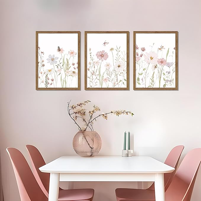 Framed Wildflower Wall Art Set of 3, Pink Floral Canvas Wall Decor Pictures, Vintage Flower Botanical Paintings, Nursery Flowers Butterfly Posters Prints for Bedroom Living Room 12x16 Inch