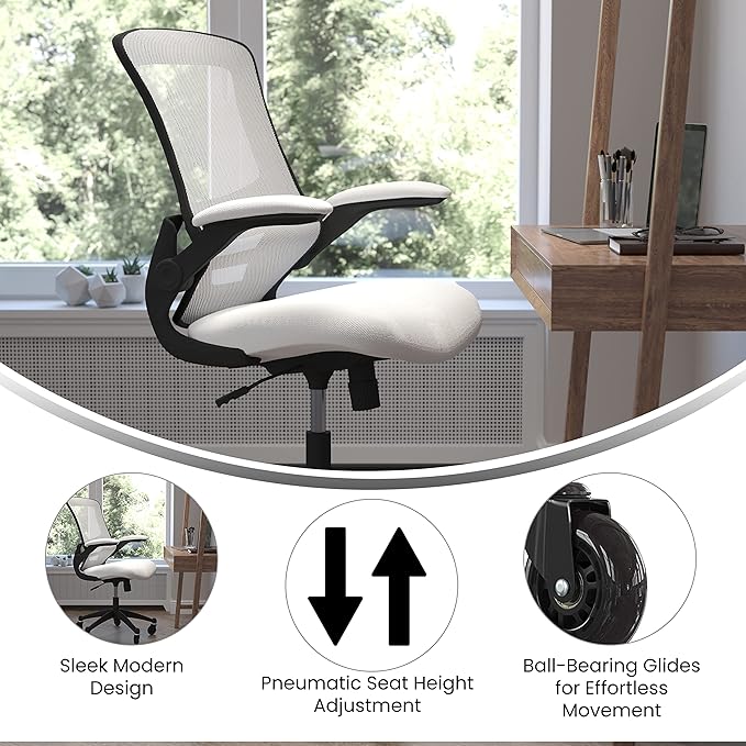 Flash Furniture Kelista Mid-Back White Mesh Swivel Ergonomic Task Office Chair with Flip-Up Arms and Transparent Roller Wheels