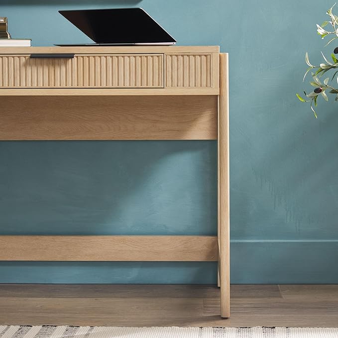 Walker Edison Transitional Style Furniture, Reeded Detail, Lift-Top Desk with Drawer and Storage Cubby, Sitting to Standing Desk, Soft Self-Close Desktop, 38 Inch, Coastal Oak