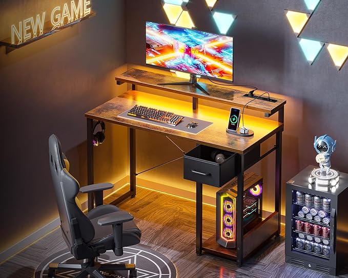 AODK Gaming Desk with LED Lights & Power Outlet, 40 Inch Computer Desk with Drawer, Reversible Small Desk with Monitor Stand & Headphone Hook for Home Office, Rustic Brown