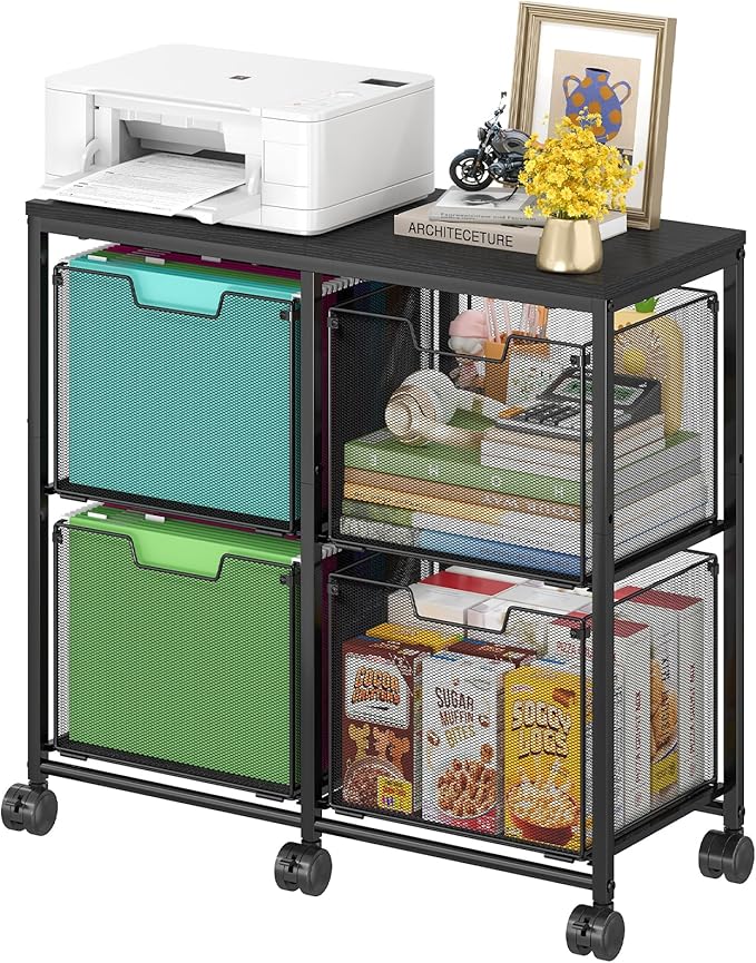 4 Drawer Lateral File Cabinet, Mobile Filing Cabinet, Printer Stand with Wheels Under Desk Storage Office Storage Cabinet Fits Letter Size for Home Office, Black