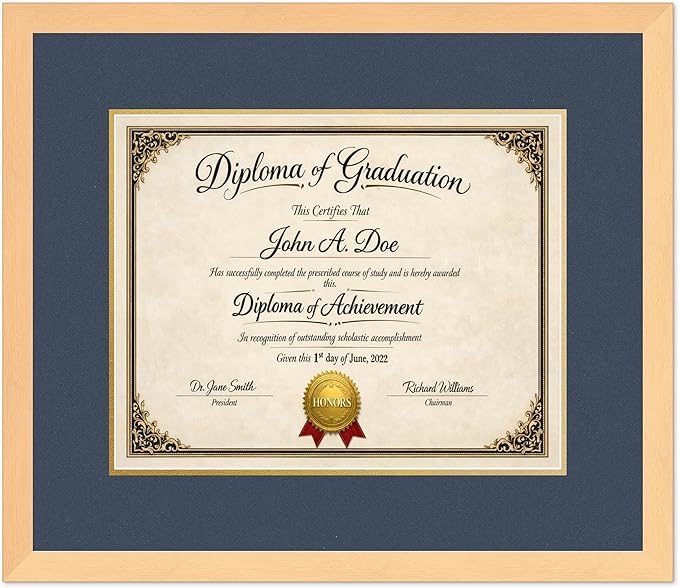 Diploma Frame Natural Wood with Navy Blue Over Gold Double Mat - Fits 15 x 12 Military/Government Wall Display Made in the USA