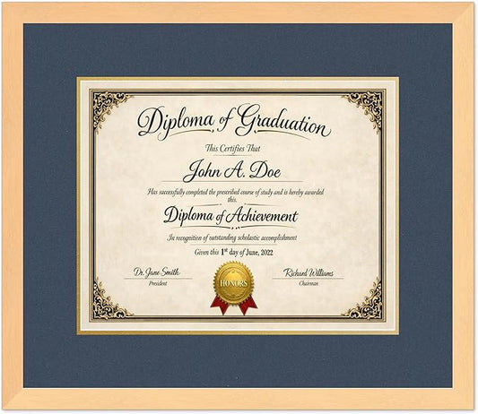 Diploma Frame Natural Wood with Navy Blue Over Gold Double Mat - Fits 15 x 12 Military/Government Wall Display Made in the USA