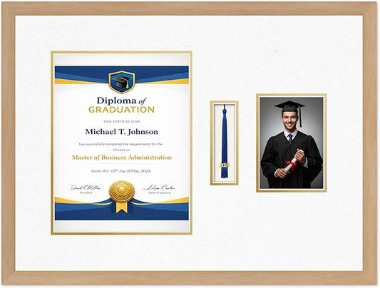 Diploma Tassel and Photo Frame Natural Wood Shadowbox Oyster Shell Over Gold Mat - Fits 10 x 13 Degree Picture Made in the USA