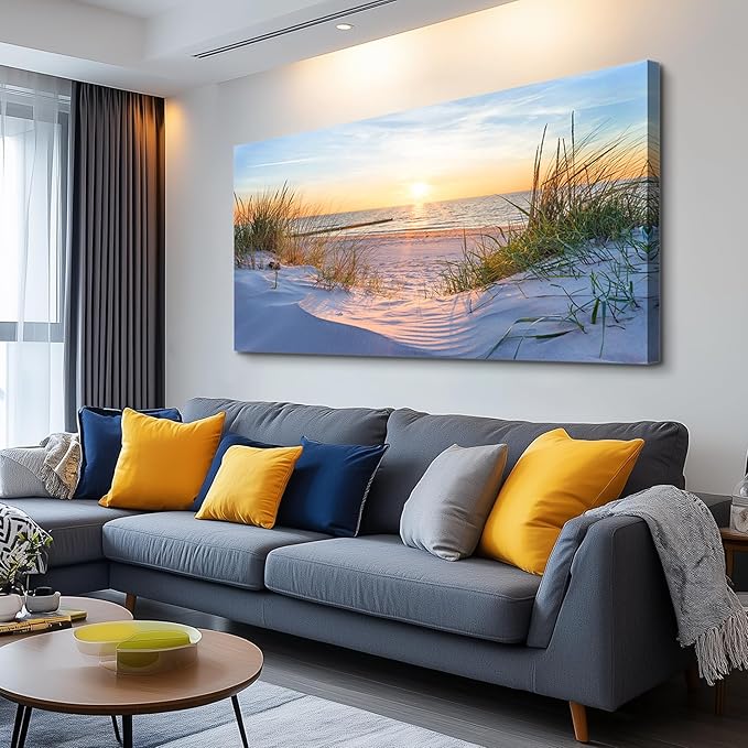 MHARTK66 Wall Decor For Living Room Large Canvas Wall Art For Bedroom Modern Office Pictures Wall Artwork Blue Sun Beach Grass Ocean Landscape Paintings Canvas Art Prints Home Decorations