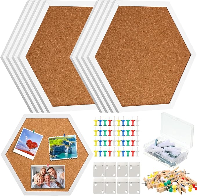 Treela 8 Packs Cork Bulletin Board with Frame, Decorative Linen Bulletin Cork Board Small Push Pin with 32 Push Pin 16 Clips for Office Welcome Back to School Wall Home Supplies(White,Hexagon)